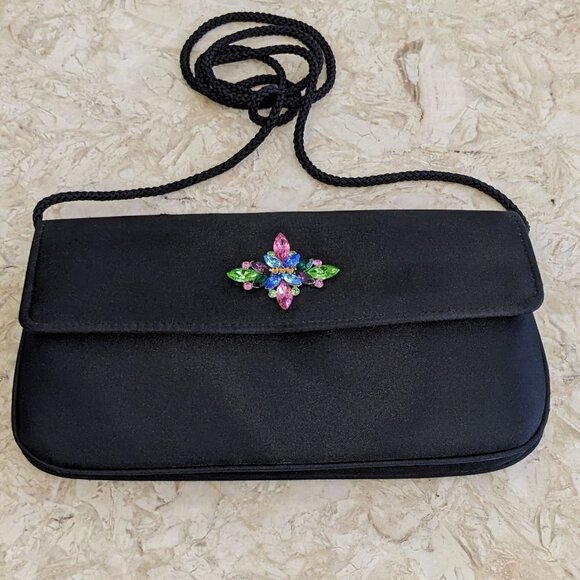 Evening Bag, Small Black Bag with Multi Colored Rhinestones - Picture 1 of 7